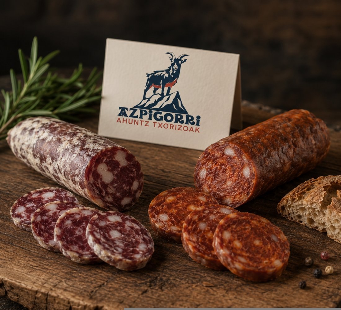 Tabla de embutidos artesanales de cabra Azpigorri con salchichón y chorizo en lonchas, romero y pan